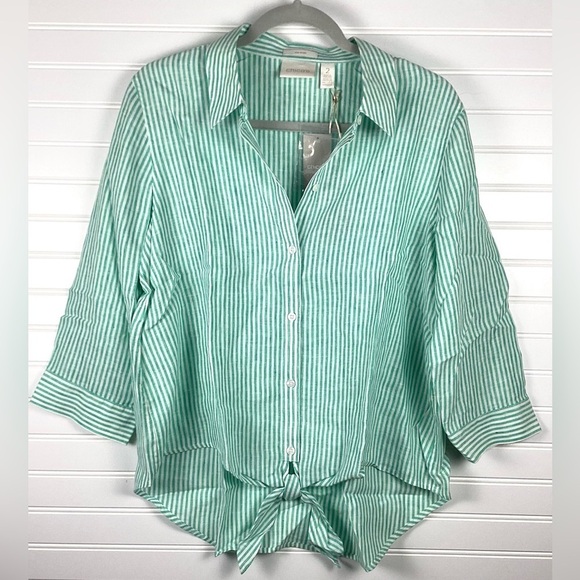 Chicos Linen NWT No Iron Tie Front Shirt Large White Green Stripe 3/4 Sleeve 2/L - Picture 1 of 13